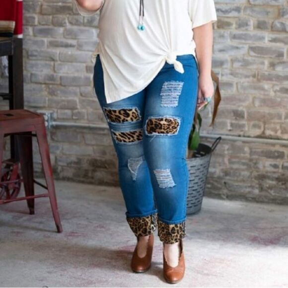 L&B Leopard patch work cropped jeans Size 22 - Picture 1 of 7